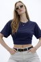 Women's Basic Waist Detailed Navy Blue Crop Blouse - 3