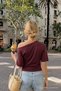 Women's Off-Shoulder Basic Burgundy T-Shirt - 5