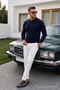 Men's Cool Medium Thick Knitwear Navy Blue Sweater - 5