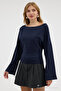 Women's Off-The-Shoulder Wide-Sleeve Navy Blue Blouse - 4