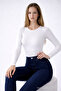 Women's Long Sleeve Crew Neck White Stylish Blouse - 4