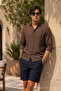 Men's Polo Collar Loose Fit Brown Muslin Shirt - 3