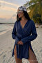 Women's V-Neck Casual Belted Navy Blue Kimono - 2