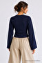 Women's Slim Fit Knitted Crew Neck Navy Blue Blouse - 3