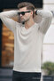 Men's Premium Cream V-Neck Knit Sweater - 2