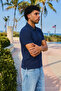 Men's Short Sleeve Navy Blue Loose Polo Collar T-Shirt - 2
