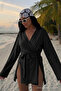 Women's V-Neck Casual Belted Black Kimono