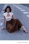Women's Casual Elastic Waist Brown Long Skirt - 5