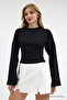 Kadın Basic Geniş Kol Siyah Crop Bluz - 4