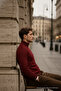 Men's Long Sleeve High Neck Loose Burgundy Knit Sweater - 6