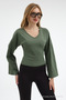 Women's V-Neck Long Sleeve Slim Fit Khaki Blouse