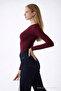 Women's Long Sleeve Crew Neck Burgundy Stylish Blouse - 3