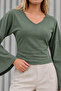Women's Stylish Body-Hugging V-Neck Khaki Blouse - 5