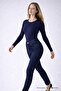 Women's Long Sleeve Crew Neck Navy Blue Stylish Blouse - 4