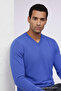 Men's Long Sleeve Loose V-Neck Blue Knit Sweater - 4