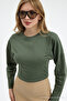 Women's Long Sleeve Waist-Fitted Khaki Crop Blouse - 4