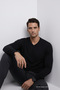 Men's Long Sleeve Loose V-Neck Black Knit Sweater - 6