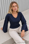 Women's Stylish Body-Hugging V-Neck Navy Blue Blouse - 4