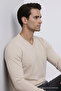 Men's Long Sleeve Loose V-Neck Cream Knit Sweater - 3