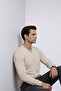 Men's Long Sleeve Loose V-Neck Cream Knit Sweater - 6