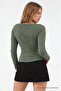 Women's Khaki Fitted Plain Boat Neck Blouse - 3
