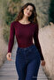 Women's Trendy Crew Neck Slim Fit Burgundy Stylish Blouse - 4