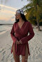 Women's V-Neck Loose Belted Burgundy Kimono - 2