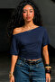 Women's Off-Shoulder Navy Blue Crop T-Shirt - 5