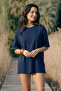 Women's Short Sleeve Crew Neck Navy Blue T-Shirt - 2