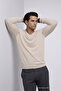 Men's Long Sleeve Loose V-Neck Cream Knit Sweater - 5