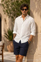 Men's Polo Collar Loose White Muslin Shirt - 3