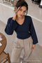 Women's Casual Waist-Fitted Navy Blue Blouse - 2