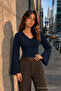 Women's Knitted Cotton Slim Fit Navy Blue Blouse - 2