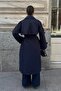 Women's Navy Blue Double Breasted Collar Belted Long Trench Coat - 7