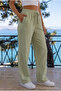 Khaki Linen Blend Loose-Fit Elastic Waist Pants - 3