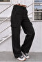 Women's Cargo Pocket Palazzo Cut Stretch Fabric Black Trousers - 3