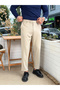 Belt Detailed Italian Cut Fabric Trousers Cream - 4