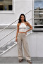 Women's Cargo Pocket Palazzo Cut Stretch Fabric Beige Trousers - 6