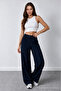 Women's Navy Blue Stretch Fabric Palazzo Relaxed Wide-Leg Pants - 8