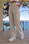 Ecru Linen Blend Loose-Fit Elastic Waist Pants - 3