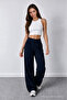 Women's Navy Blue Stretch Fabric Palazzo Relaxed Wide-Leg Pants - 7