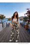 Women's High Waist Leaf Patterned Loose Cut Elastic Waist Summer Fabric Trousers - 2