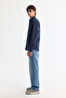 Men's Navy Blue Buttoned Collar Easy-Iron Striped Slim Fit Shirt A42Y2098 - 3