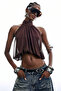Chiffon Fabric Halter Neck Backless Brown Blouse