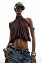 Chiffon Fabric Halter Neck Backless Brown Blouse - 7