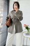 Premium V-Neck Front Button Tie-Back Blouse - Khaki - 4