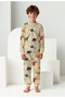 Elmas Kids Male Child 100% Cotton Dinosaur Pattern Beige Color Long Sleeve Pajama Set