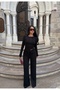 Women's Black Basic Buttoned Blouse and Wide-Leg Pants Set - 2