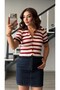 Cream-Navy Blue-Red Striped Ruffled Short Sleeve Cardigan - 6