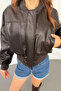 Agli̇mmer Pb Oversize Bomber Zippered Double Pocket Ribbed Light Brown Leather Jacket - 2